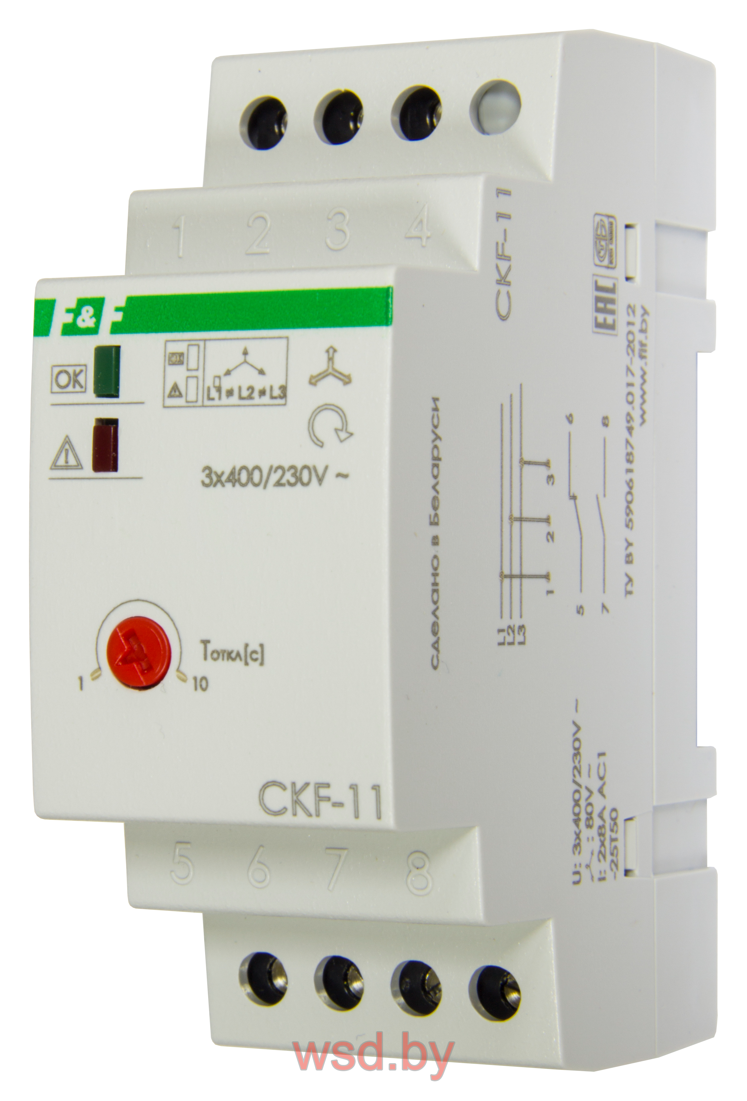 CKF-11 реле контроля фаз,регулировка задержки отключения, контроль чередования фаз, 2 модуля, монтаж на DIN-рейке 3х400В 8А 1NO+1NC IP20